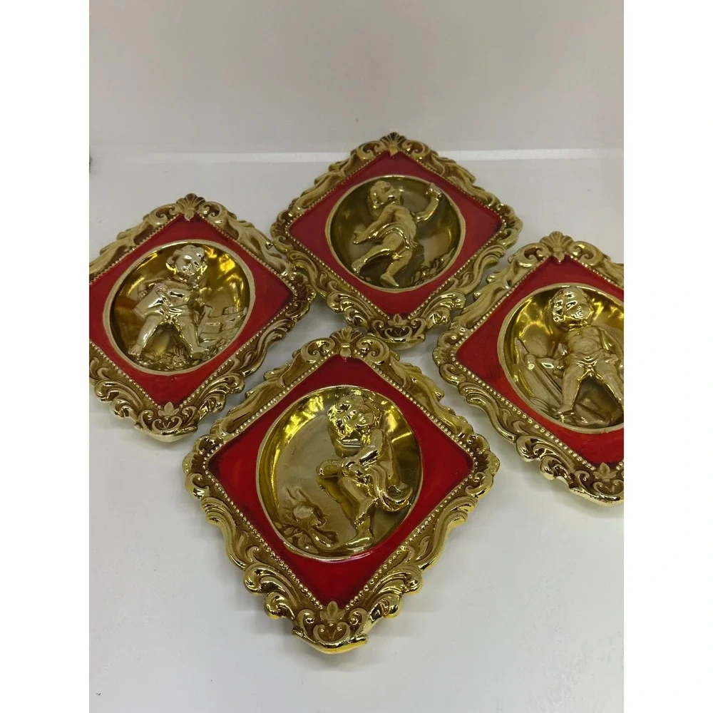 VTG Ardco Wall Cherub Plaques Gold Red Ceramic Japan Gaudy Home Decor 4 pc
